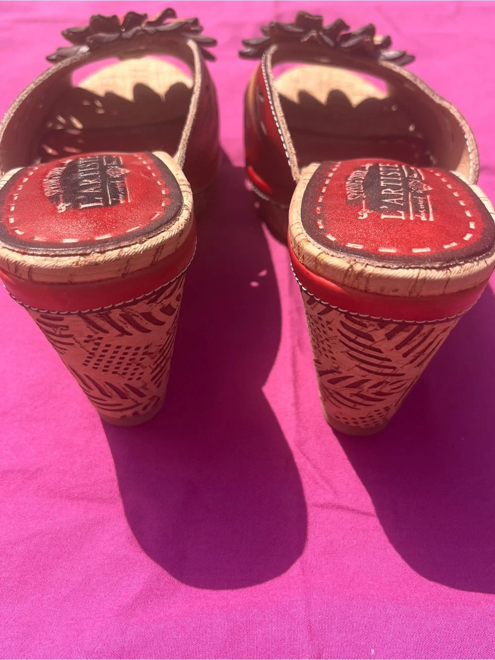 L’Artiste Red Leather Floral Slide Sandals